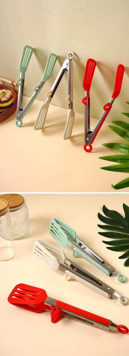 9" Stainless Steel Food Tongs, Non-Stick Silicone Cooking Tongs, Outdoor Salad and Bread Utensils, Kitchen Accessories