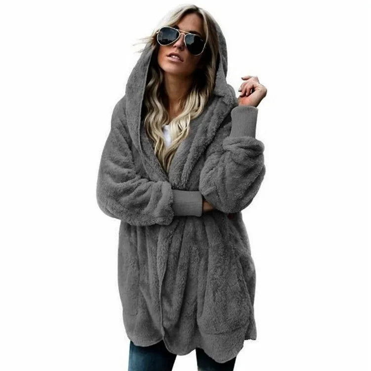 Winter Double Fleece Cardigan Jacket Autumn Women Solid Color Long Sleeve Plush Warm Hooded Lady Jacket Oversized Outerwear Coat