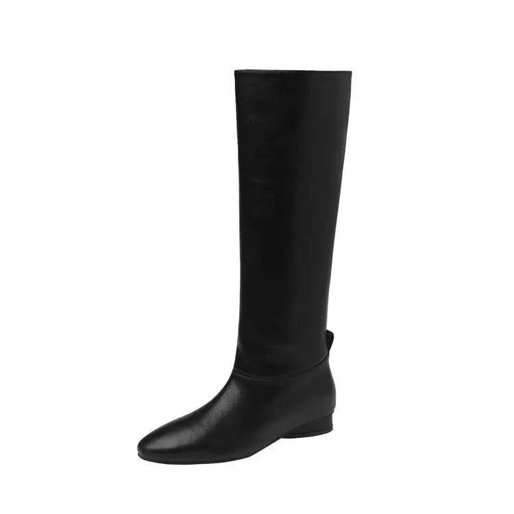 Arden Furtado 2025 Automne Bottes d'équitation en cuir de vachette, bout carré, sans lacets, talon bas, bottes hautes, bottes ajustées rétro marron pour femmes