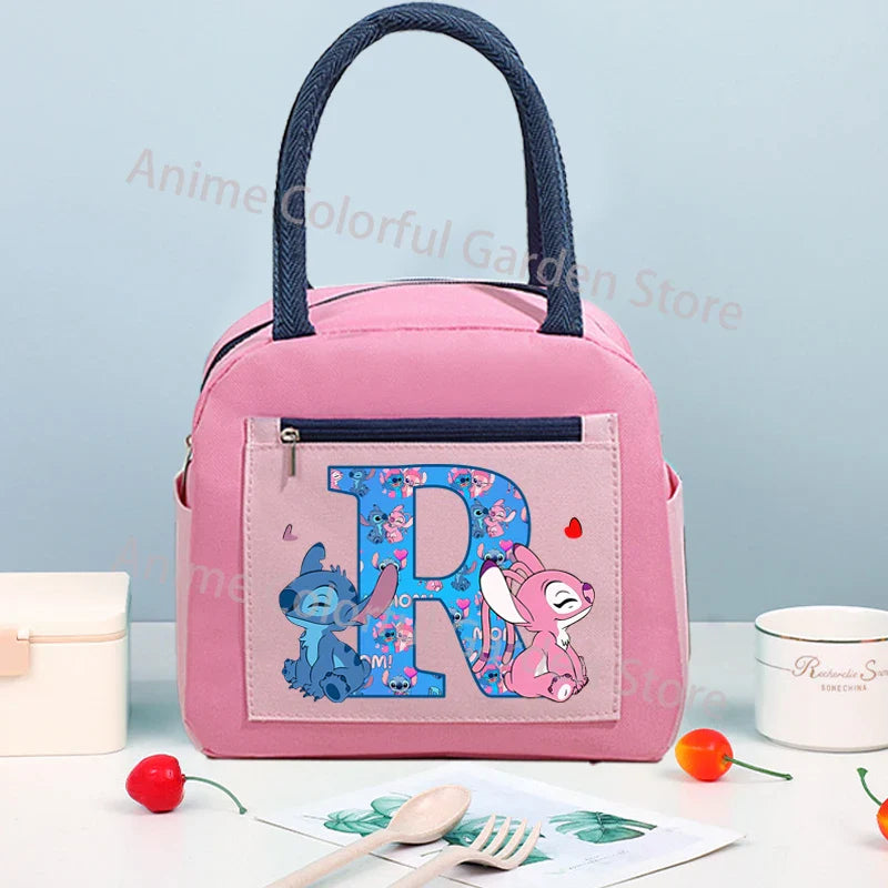 Anime Stitch High-capacity Lunch Bag Cartoon Letter A-Z Printed Insulated Box Picnic Portable Food Keep Fresh Handbag Bento Bags