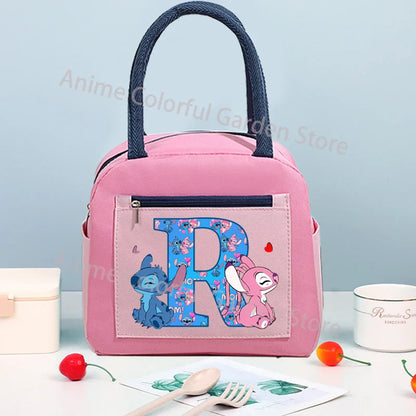 Anime Stitch High-capacity Lunch Bag Cartoon Letter A-Z Printed Insulated Box Picnic Portable Food Keep Fresh Handbag Bento Bags