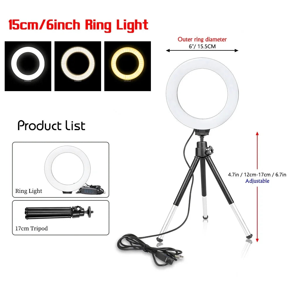 LED Ring Light with Tripod and Suction Cup for Selfie, 16cm, Portable USB Plug, Laptop Lighting, Video Conferencing, Makeup