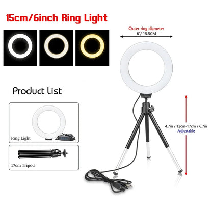 LED Ring Light with Tripod and Suction Cup for Selfie, 16cm, Portable USB Plug, Laptop Lighting, Video Conferencing, Makeup