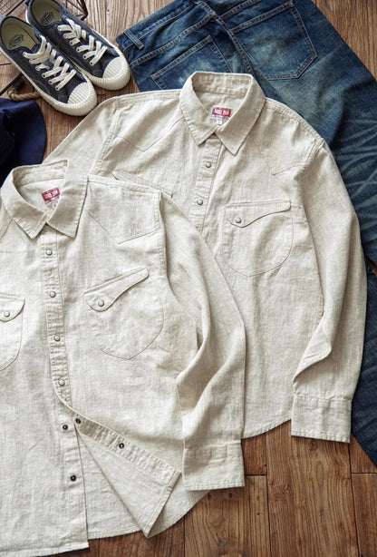 Chemise en lin Western Sle pour homme, décontractée, à manches longues, de couleur unie, coupe ample, col classique, boutonnée, tendance, kaki