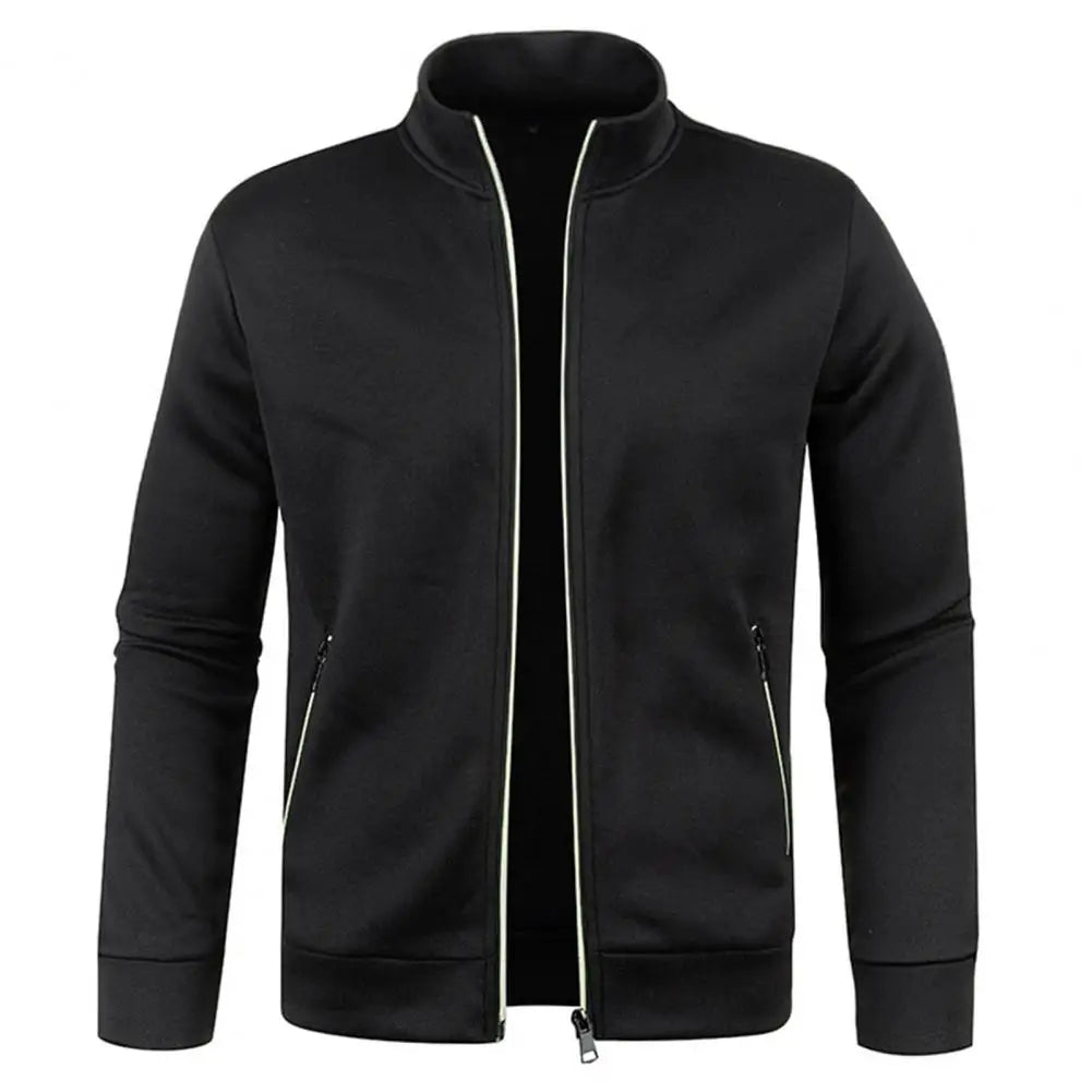 Stand Collar Long Sleeves Pockets Zipper Placket Sweatshirt Coat Men Spring Autumn Solid Color Plus Size Sport Outerwear