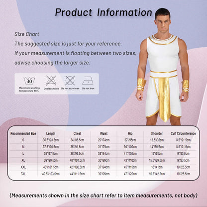 Mens Ancient Egypt Costume Adults Halloween Masquerade Cosplay Carnival Party Dress Sleeveless Themed Roleplay Dress with Cuffs