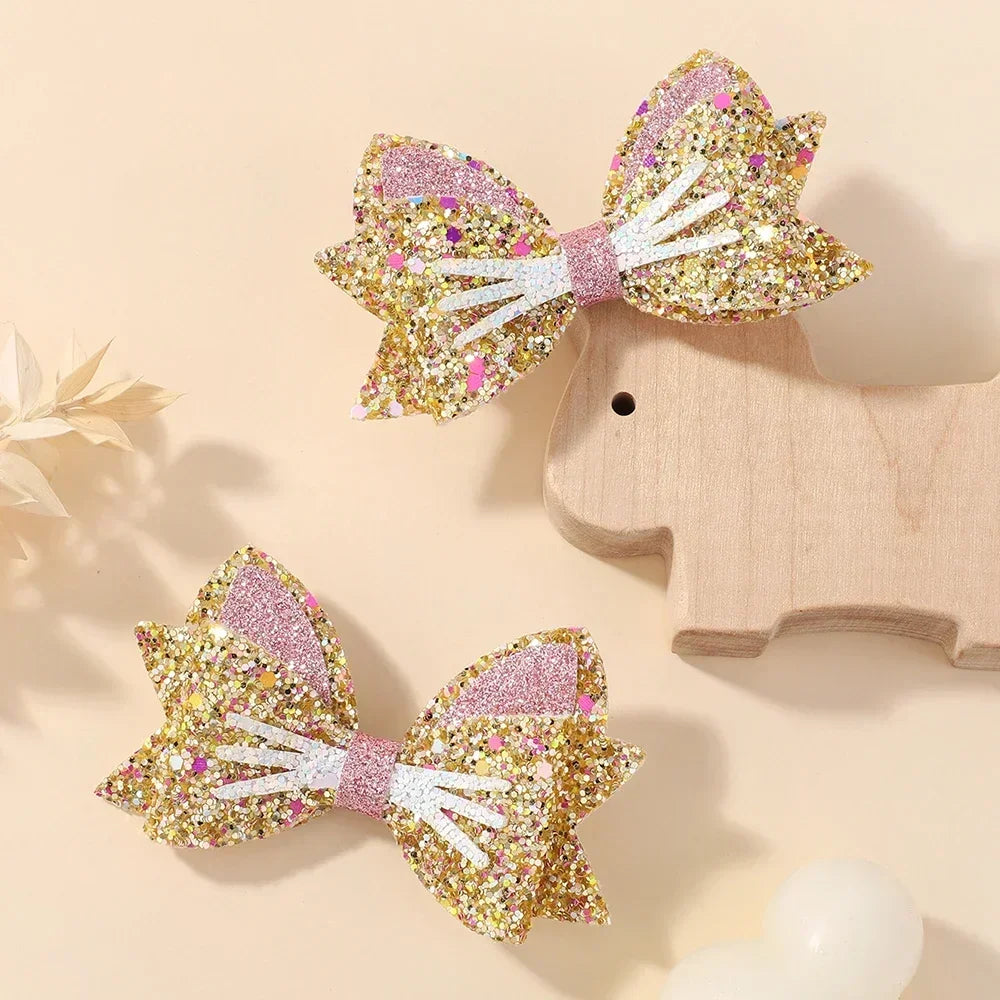 2 Paires de Barrettes Nœud Papillon Paillettes Arc-en-ciel pour Cheveux de Fille, Pinces à Cheveux pour Animaux, Nœuds de Cheveux pour Enfants