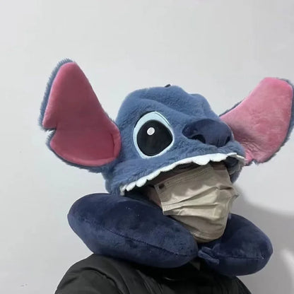 Cute Stitch Cartoon U-shaped Pillow Hooded Pillow for Napping and Neck Protection Pillow Travel Plane Hat Napping
