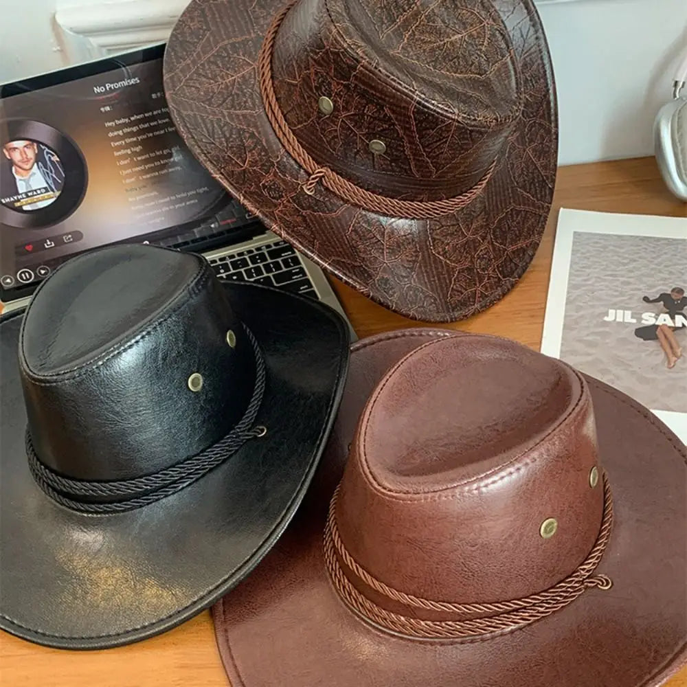 Chapeau de Cowboy occidental de Style ethnique Punk, chapeau de Jazz en Polyester à bord en rouleau, casquette à visière de couleur unie noir/marron pour l'extérieur