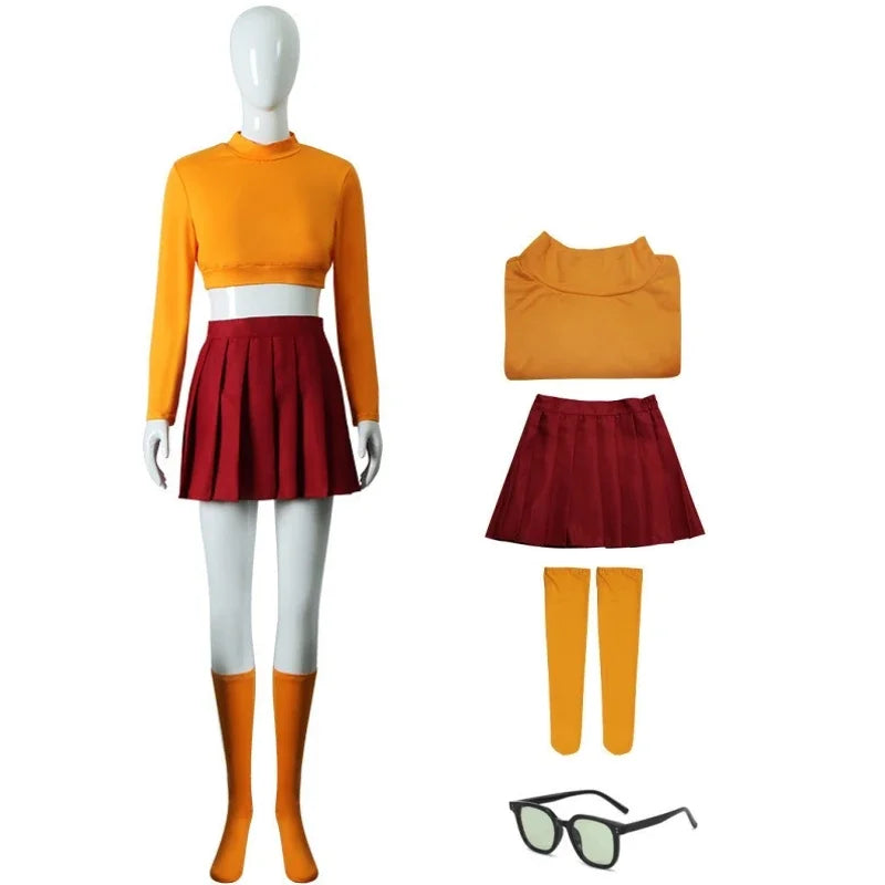 Halloween Velma Cosplay Costume Orange Short Skirt Uniform Women Orange Socks Top Skirt Halloween Party Carnival Set