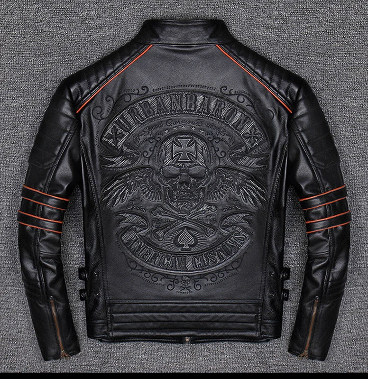 CC Shop.Brand skull cowhide coat.8XL Plus black slim genuine leather jacket,Rider leather cloth.Chaqueta de cuero esqueleto