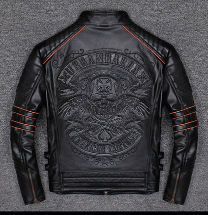 CC Shop.Brand skull cowhide coat.8XL Plus black slim genuine leather jacket,Rider leather cloth.Chaqueta de cuero esqueleto