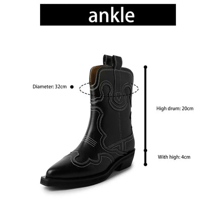 Ods Cowboy Western Boots For Women Real Leather Embroidered Pointed Toe Mid-calf Western Boot Retro Fashion Casual High Quality