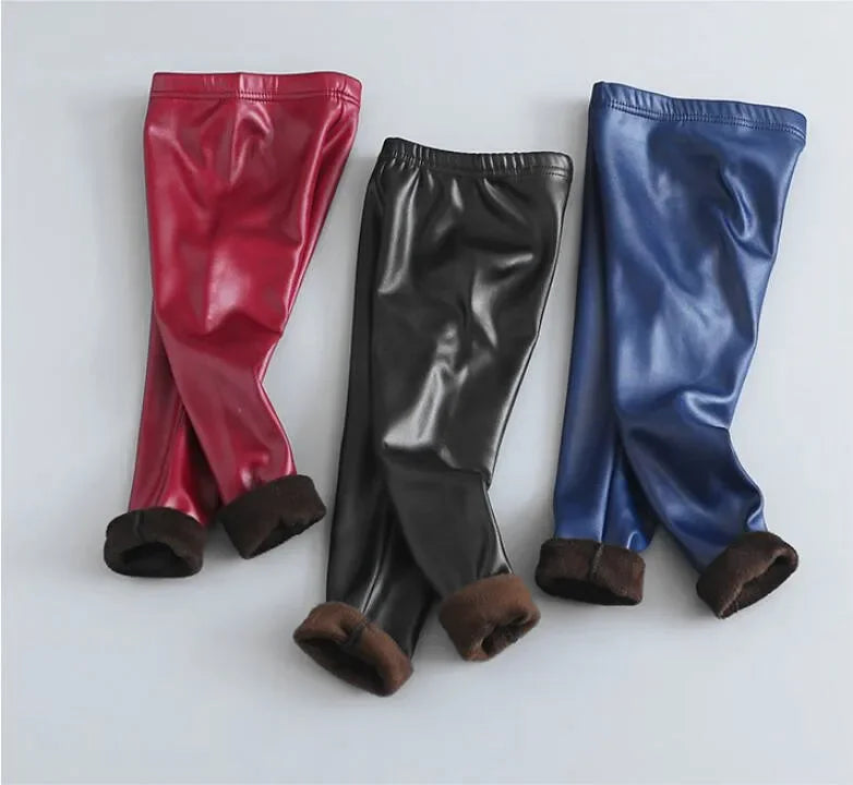 Leggings en cuir PU pour enfants, pantalons crayon décontractés, monochromes, chauds, FJGirl, mignons, tout-petits, enfants, filles, automne, hiver