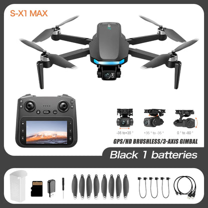 S-X1 MAX Drone GPS 4K professionnel HD EIS Caméras 3 axes Cardan aérien sans balais Écran 4.5" 5G WIFI FPV Drones RC Quadricoptère