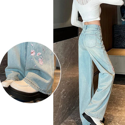 French pink flower embroidered jeans women spring and autumn new high waist fashion slim wide-leg pants embroidered straight