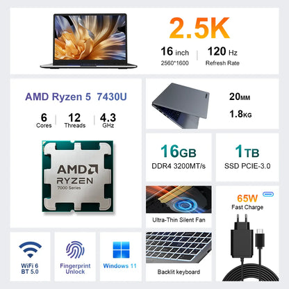 Ninkear A15 Pro Portable Laptop Windows 11 AMD Ryzen 5 7430U 16-inch 2.5K IPS 120Hz 16GB DDR4+1TB SSD WiFi6 BT5 Backlit Keyboard