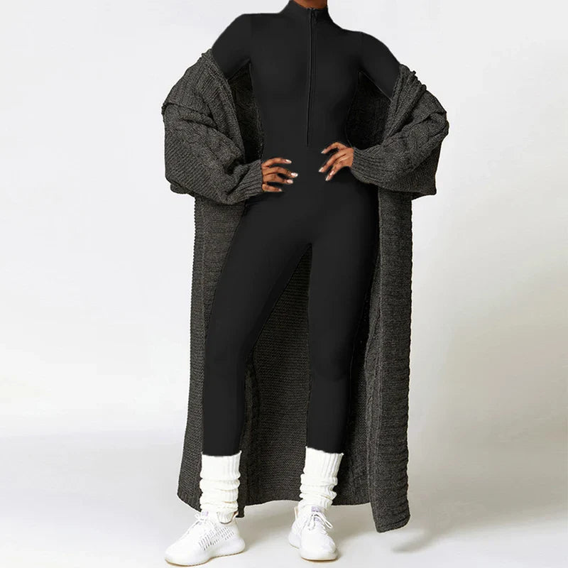 Combinaisons de sport chaudes en peluche pour femmes, survêtement une pièce, Fitness, ensembles de gymnastique d'hiver, manches longues, body d'exercice noir pour femme