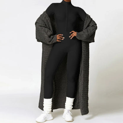 Combinaisons de sport chaudes en peluche pour femmes, survêtement une pièce, Fitness, ensembles de gymnastique d'hiver, manches longues, body d'exercice noir pour femme