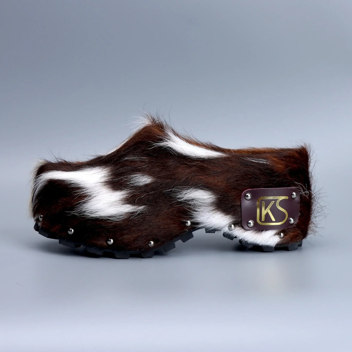 Luxury Handmade Women's Platform Fur Clogs,Studded Mules with Arch Support,Natural Calf Hair,Leather-Lined Vintage Cowboy Style