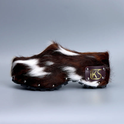 Luxury Handmade Women's Platform Fur Clogs,Studded Mules with Arch Support,Natural Calf Hair,Leather-Lined Vintage Cowboy Style