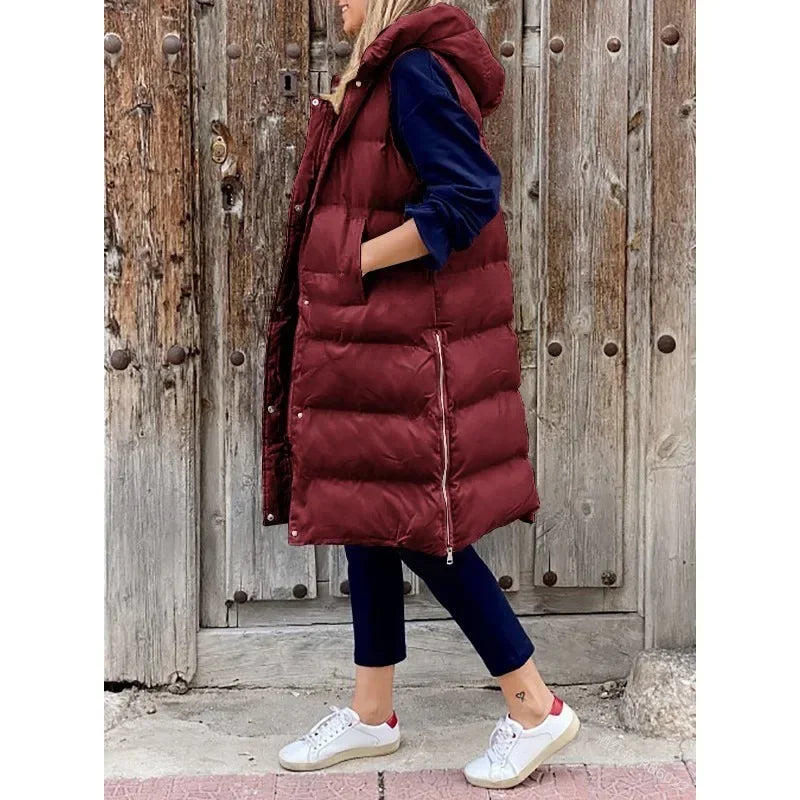 Women Autumn Winter Hooded Vest Coats Outwear Jacket Single-breasted Sleeveless Warm Solid Color Coats Parka
