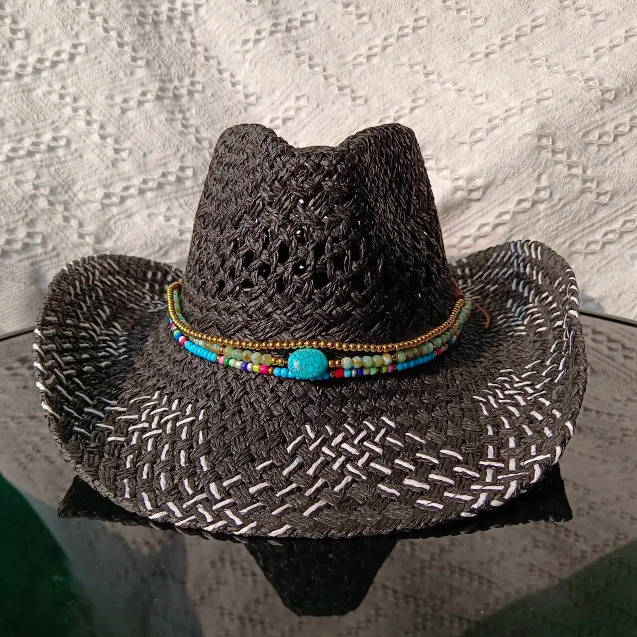 Chapeau de paille de cowboy vert matcha, tissé à la main, creux, pour hommes et femmes, chapeau de soleil d'été, chapeau de paille de cowboy occidental