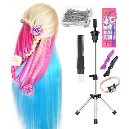 Tête de mannequin à cheveux longs synthétiques avec support de trépied de perruque réglable Modèle avec tête de mannequin Formation de coiffeur coiffant