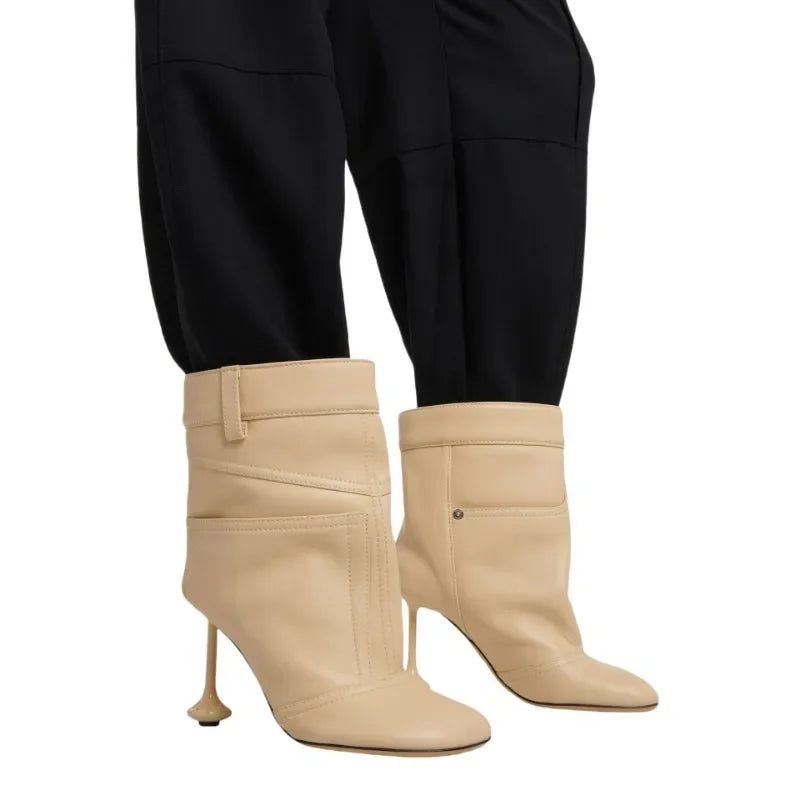 European and American Alien and Square Head Splicing Design Water Washed Cowboy Boots for Women's Trendy Side Zipper Short Boots