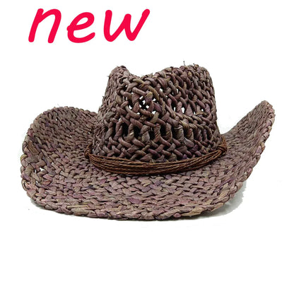 Chapeau de paille de cowboy vert matcha, tissé à la main, creux, pour hommes et femmes, chapeau de soleil d'été, chapeau de paille de cowboy occidental