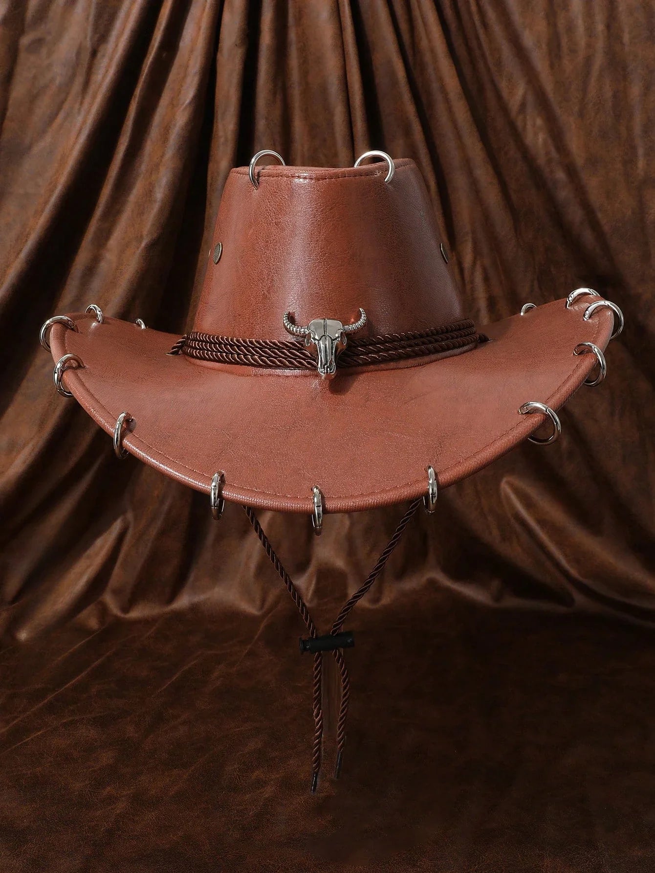 HongLuan – Chapeau de cowboy unisexe en cuir PU noir réglable, style occidental, idéal pour les voyages, avec badge tête de taureau, pour l'extérieur