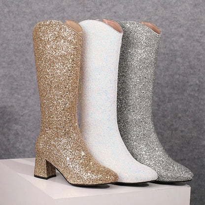 Bottes Hautes Scintillantes pour Femme, Ajustement Confortable, Talons 6,5 cm, Hiver 2024