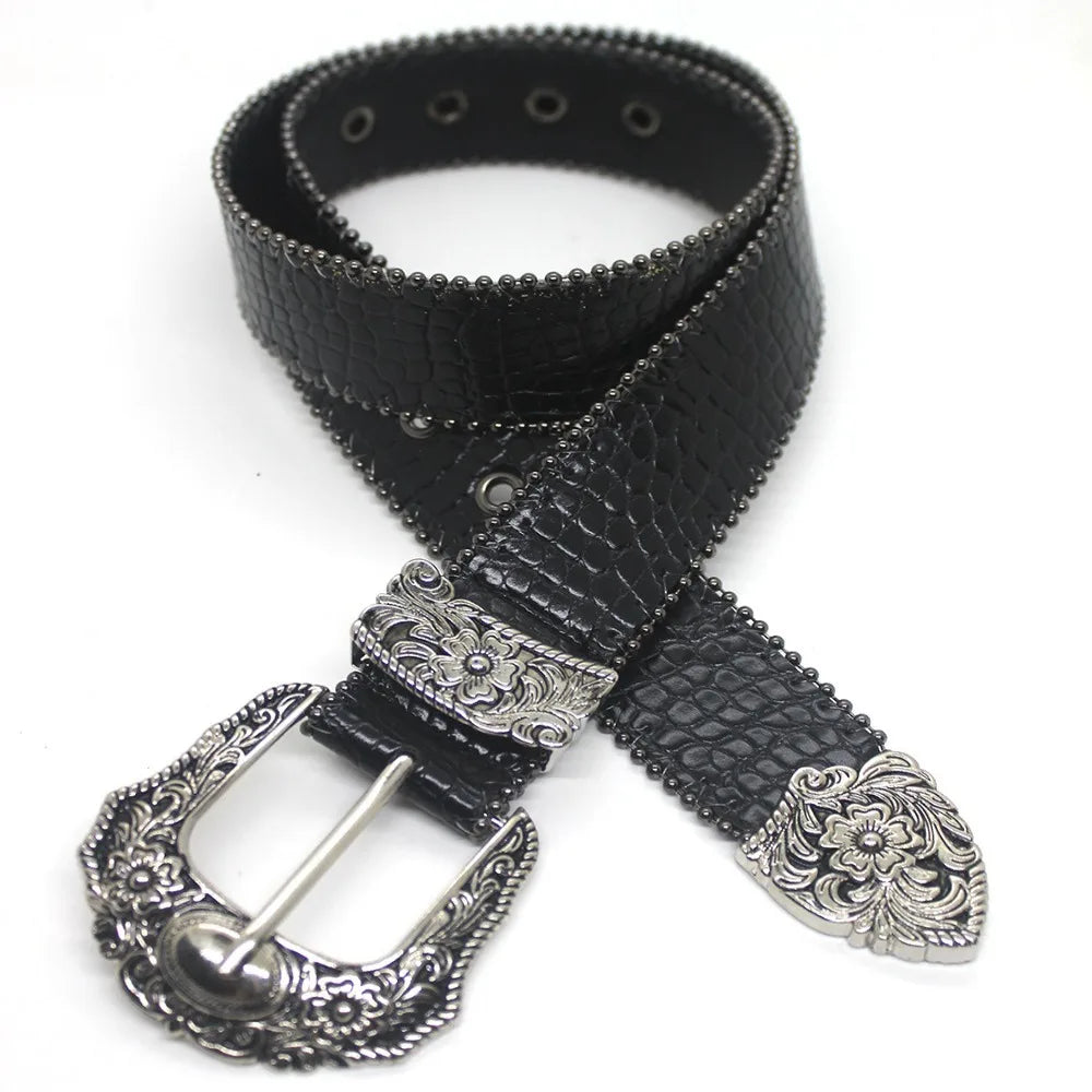 Ceinture Western en Cuir PU Femme Homme Cowboys Unisexe avec Boucle Métallique Gravée