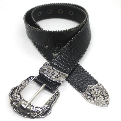 Western PU Leather Belt Western Cowboy Women Cowgirl Unisex Waist Belt with Metal Engraved Buckle