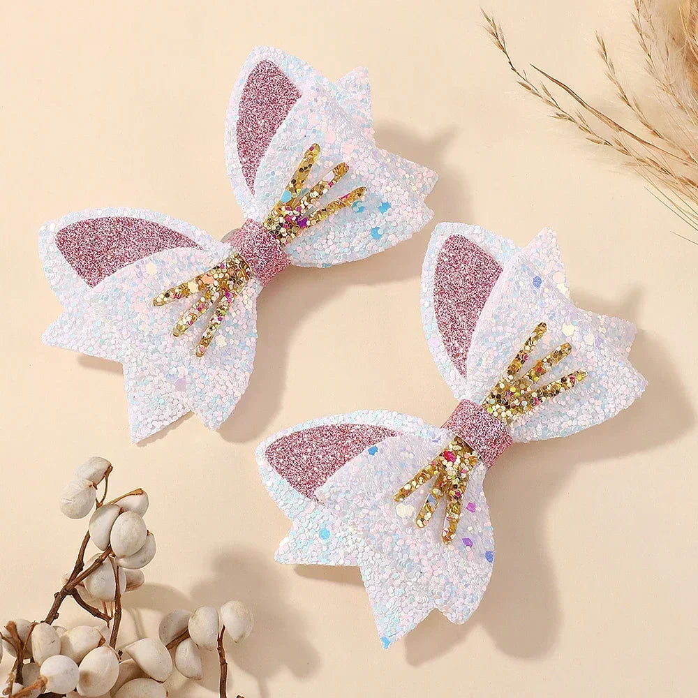 2 Paires de Barrettes Nœud Papillon Paillettes Arc-en-ciel pour Cheveux de Fille, Pinces à Cheveux pour Animaux, Nœuds de Cheveux pour Enfants