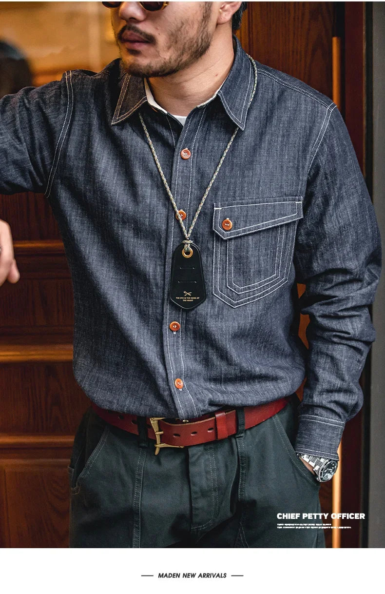 Maden Men Vintage Long Sleeve Western Cowboy Denim Shirt Outerwear Tough Guy Shirt Men's Cotton Casual Shirt XXL XXXL
