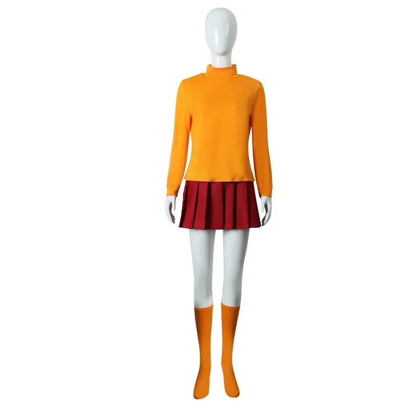 Halloween Velma Cosplay Costume Orange Short Skirt Uniform Women Orange Socks Top Skirt Halloween Party Carnival Set