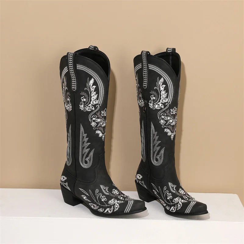 Bottes de cowboy occidentales au genou pour femmes, broderie de fleurs, biscuits, blanc, marron, rond, Parker, talons hauts, rétro, bottes longues de cowgirl