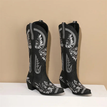 Bottes de cowboy occidentales au genou pour femmes, broderie de fleurs, biscuits, blanc, marron, rond, Parker, talons hauts, rétro, bottes longues de cowgirl