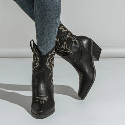 Aneikeh Autumn Winter Vintage Embroidered Large Western Cowboy Boots New Style Coarse Heel Pointed Ankle Barrel Knight Boots