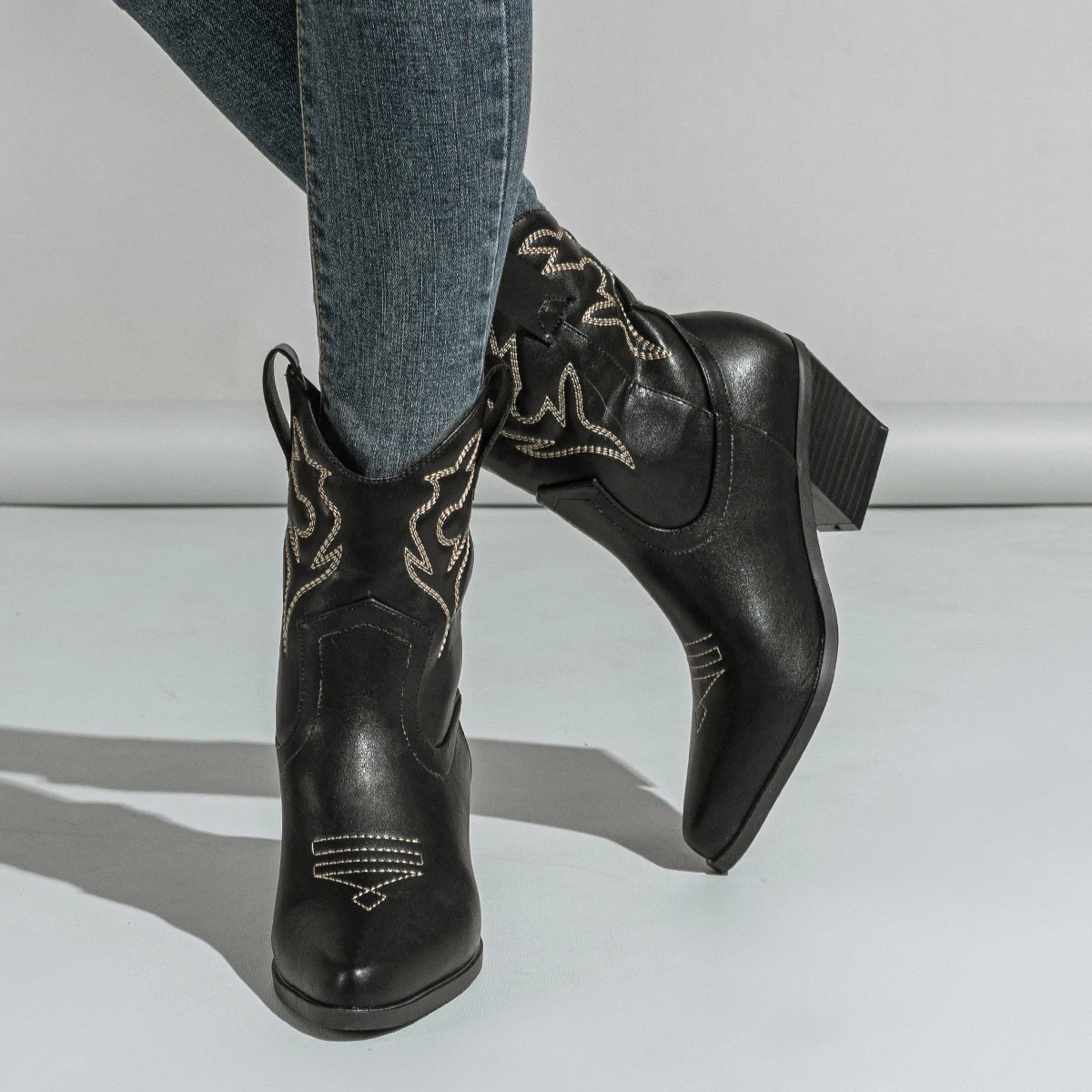 Aneikeh Autumn Winter Vintage Embroidered Large Western Cowboy Boots New Style Coarse Heel Pointed Ankle Barrel Knight Boots