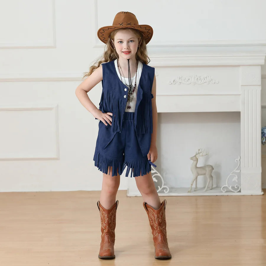 Costume de Cowboy pour filles, gilet à franges, Style bohème rétro, short en Denim occidental en velours pour filles, Costume Hippie