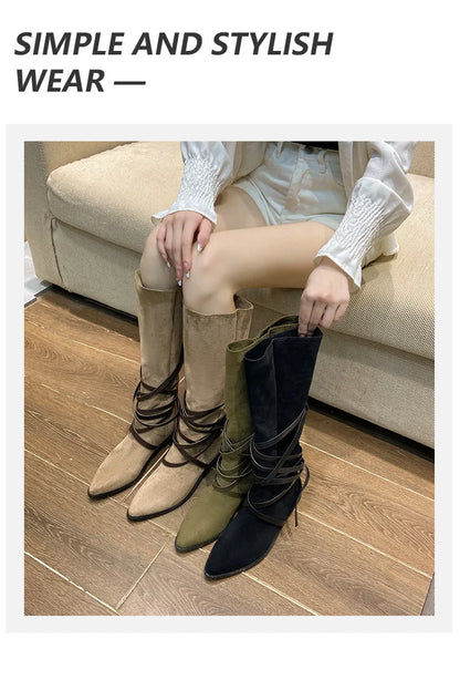 Matte Leather Gothic Western Cowboy Boots Women's Fashion Autumn New Style Pointed Toe Lace-up Retro High Top Flat Heel Boots