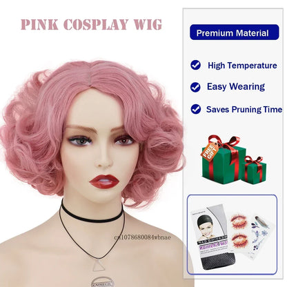 Synthetic Hair Pink Short Curly Wig for Women Big Wavy 80s Cosplay Wigs Halloween Costume Harajuku Anime Wig Natural Looking