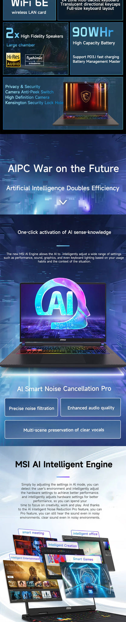 2025 MSI Vector 16 HX AI Gaming Laptop 16 Inch 2.5K 240Hz IPS Screen Notebook Ultra 9-275HX 64GB 4TB RTX5080 Netbook Computer PC