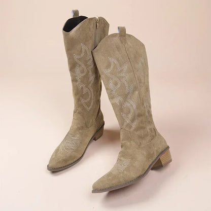 Bottes de Cowboy occidentales brodées pour femmes, bout pointu, talon épais, bottes hautes aux genoux, amples, en cuir PU, longues, automne