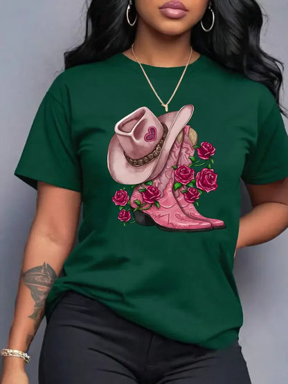 Western Cowboy Hat and Boot Pattern Women's T-shirt Fashionable Casual Short Sleeved Daily Street Round Neck Oversized Women Top