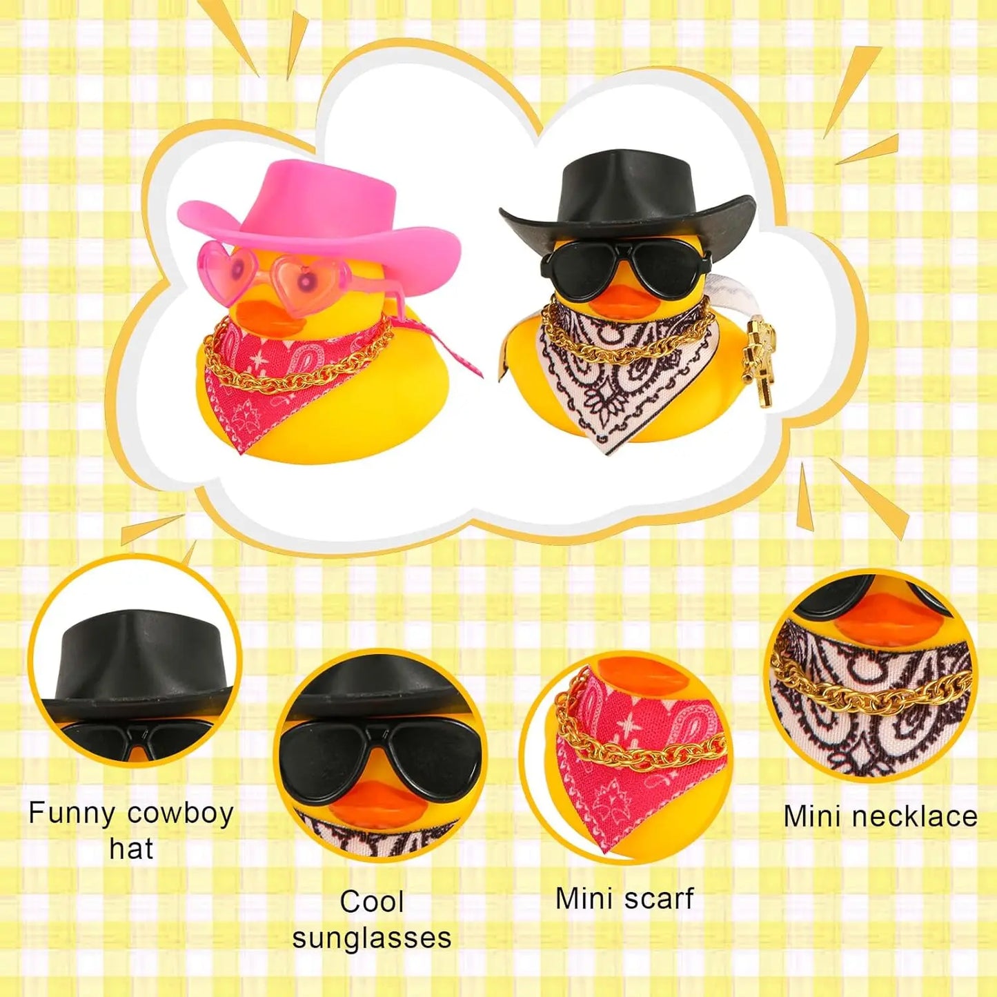 2 canards en caoutchouc amusants pour tableau de bord de voiture - Canard avec chapeau de cowboy, écharpe, lunettes de soleil, arme pour décoration de voiture, de bureau.