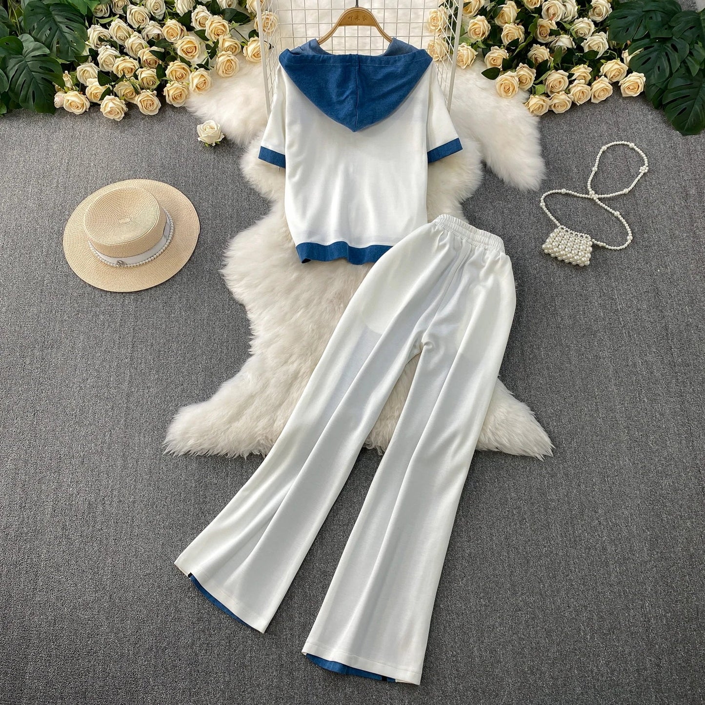 Cowboy patchwork hooded jacket fashionable sports suit women's summer 2025 new two-piece set popular age reducing pants