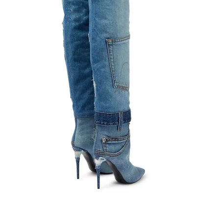 Bottes de cow-girl au dessus du genou en denim délavé pour femmes, chaussures chic à talon aiguille épicé Y2K et bout pointu avec poches épissées, 2024